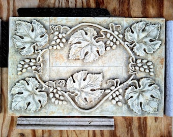 Backsplash 'mural' ceramic tile or decorative centerpiece, 12.5 x 19.5" hand pressed, Sage stone wash glaze