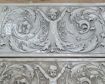 Azulejo de cerámica con relieve de querubín, 6,75 x 13,75", prensado a mano, color tostado y beige