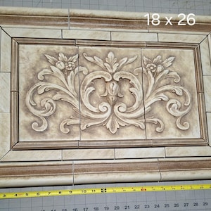 Ceramic tile medallion or mural for your kitchen backsplash.  Floral center tile, thin liners, 1" flat strips and plain frame. 18 x 26"