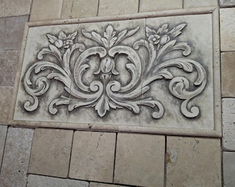 Ceramic tile backsplash medallion. Floral and Thin Liners. For your Tuscan style kitchen. Stone wash beige glaze