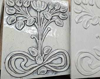 Azulejo de cerámica con relieve de árbol, 8,25 x 10,25", prensado a mano, en tonos tostados y beige