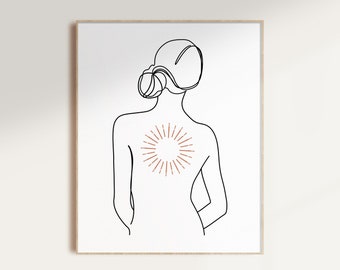 Modern Bohemian Girl with Sunburst Line Drawing