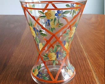 Vintage Hand Painted Glass Vase: Czech Orange Ribbon Floral Motif