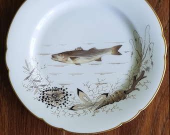 Antique Fish Plate: 24k Gold Trim, Hand-Painted Accents