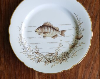Antique Fish Plate: Hand-Painted Accents, 24k Gold Trim, Scalloped Edge