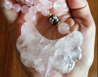Vintage pink quartz and cloisonné beaded necklace with large charm crescent unique jewelry