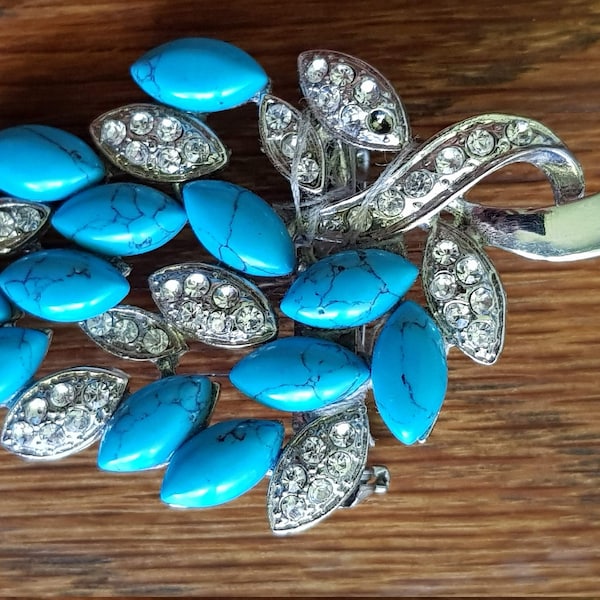 Vintage mid century modern rhinestone and imitation turquoise stone leaf pattern brooch silver tone something blue