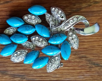 Vintage Rhinestone Brooch: Mid Century Turquoise Leaf Pin
