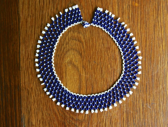 Vintage handmade blue and white beaded collar sta… - image 1