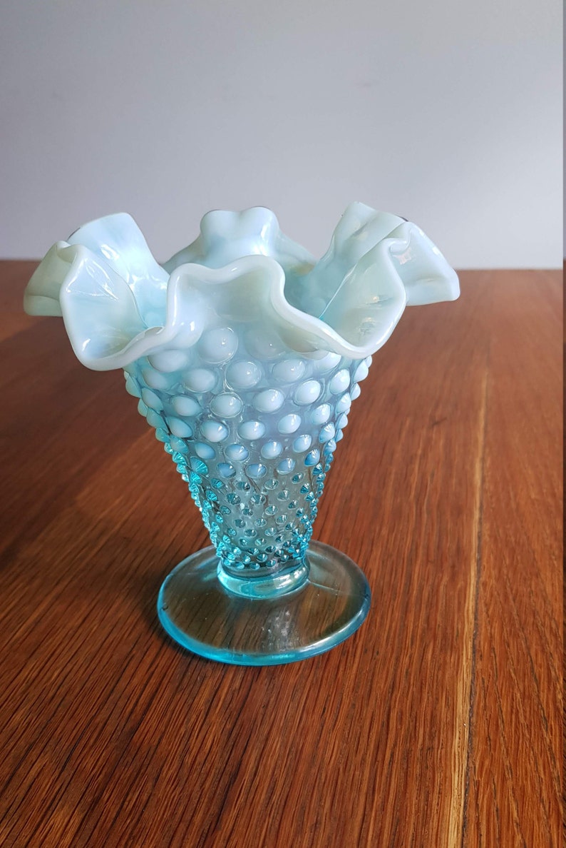 Vintage Fenton Hobnail Vase: Aqua Blue Opalescent Ruffled Glass - Etsy