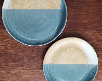 Vintage Hand Thrown Ceramic Serving Plates: Two-Toned Blue & Cream Glaze