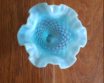 Vintage Fenton Hobnail Vase: Aqua Blue Opalescent Ruffled Glass