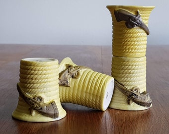 Vintage Shot Glasses Set: Matte Yellow Rope Texture, Rifle Motif, Made in Japan