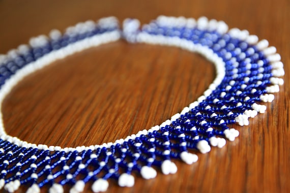 Vintage handmade blue and white beaded collar sta… - image 5