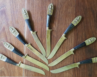 Vintage Siam Bronze Knives: Buddha Relief Rosewood Handles, Set of 6