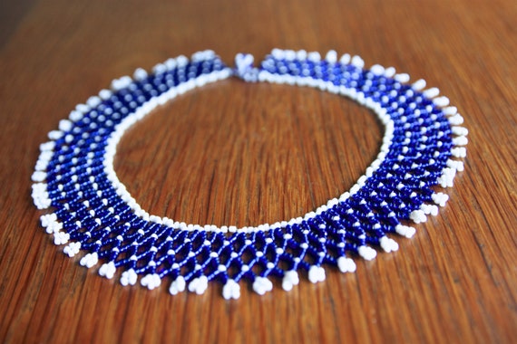 Vintage handmade blue and white beaded collar sta… - image 4