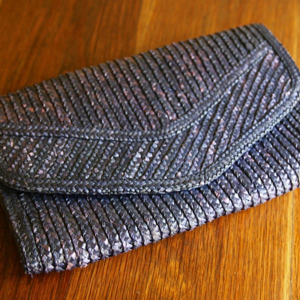 Vintage blue woven straw envelope clutch