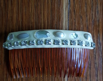 Vintage sparkly rhinestone and pearl hair comb made in France retro fashion kitschy chic