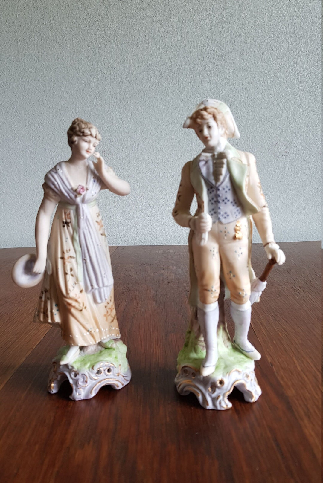 Vintage in the Style of Kalk Bisque Couple of Figurines Man and Woman in 1800s Clothing Pastel