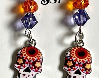 Halloween Sugar Skull Earrings with Glass Accent Beads