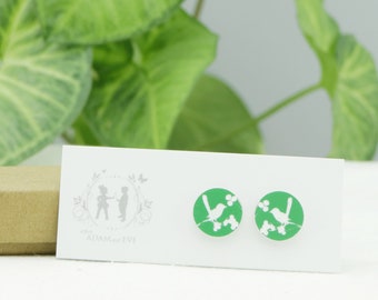 Green and White Willy Wag Tail with Berries Two Toned Plastic Etched Stud Earrings - Bird Earrings - Green Bird Earrings - Two tone green