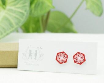Hexagon Red and White Geometric Shape Two Toned Plastic Stud Earrings - Australian Seller