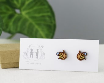 Wood Cute Bumble Bee - Laser Cut Stud Earrings - Wooden earrings - Woodland animal jewelry - Australian Seller