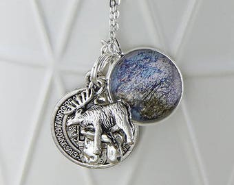 Small Canada map with moose and St Benedict charms on a Silver Necklace - Travel Necklace - Travel Jewelry - Australian Seller