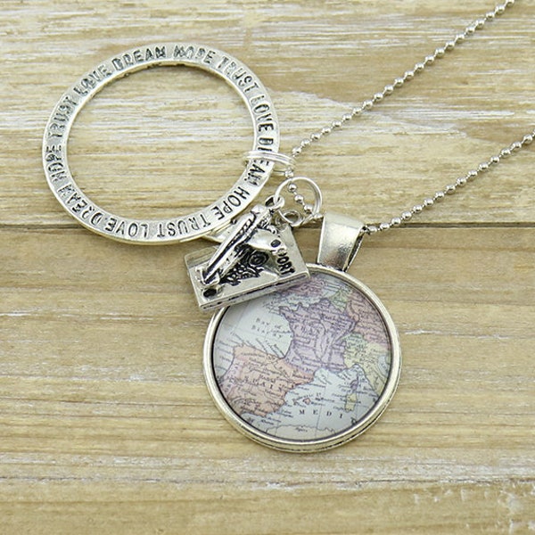 Silver Europe-Soain/France Map with Hope Trust Love Dream, Plane and Passport charms Silver Necklace - Travel Jewelry - Travel Necklace