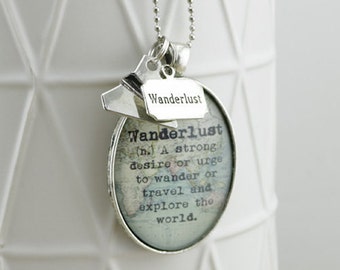 Silver wanderlust glass pendant with wanderlust stamped and paper plane silver charms Necklace - Travel Jewery - Australian seller