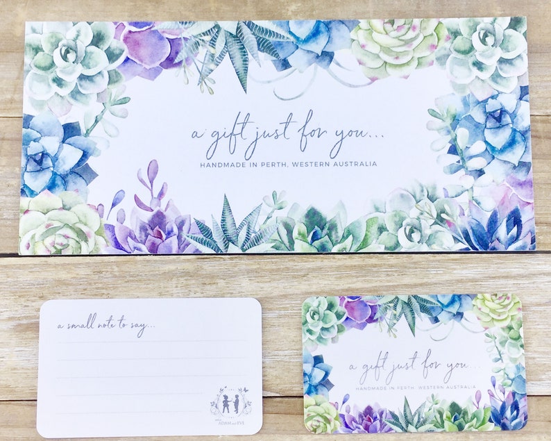 May include: A set of gift cards and a gift tag with watercolor succulent designs in shades of blue, green, and purple. The cards have the text "a gift just for you..." and "handmade in Perth, Western Australia."