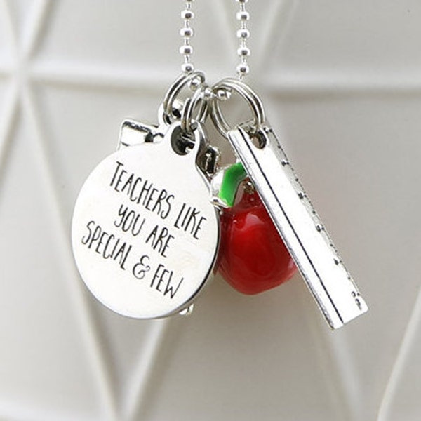 Teachers like you are special and few charm with small red apple, calculator and silver ruller charms on silver chain - Teacher gift