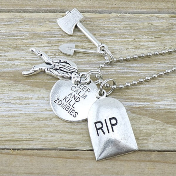 Quirky Zombie Slayer necklace "Keep Calm and Kill Zombies" , axe, zombie and RIP headstone charms on a silver necklace - Australian Seller