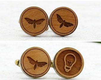 Moth Copper Wood Cufflinks - Moth to flame - Unique gift - Wedding Present - Bronze/Copper/Pewter/Silver or Gunmetal settings.