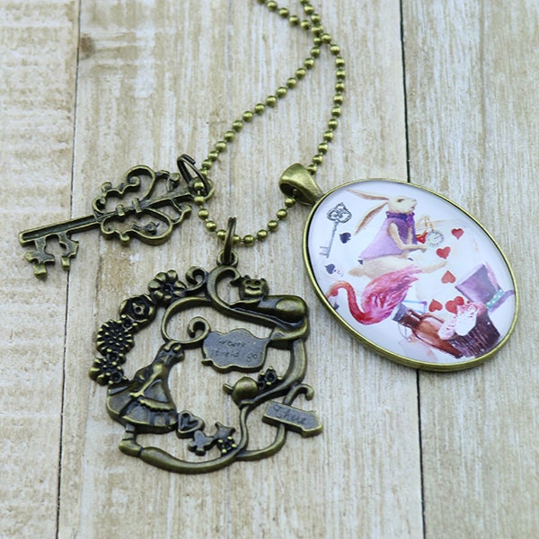 Bronze Alice in Wonderland - White Rabbit Glass Cabochon on an Antique Bronze Ball Chain - Alice inspired jewelry - Australian Seller