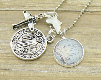 Small South America Map with Plane, and south america map charms on a Silver Necklace - Travel Necklace - Travel Jewelry -Australian Seller