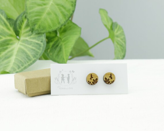 Wood Hummingbird with leaf - Laser Cut Stud Earrings - Wooden earrings - Bird earings - Bird watcher - present for a woman - bird gift idea