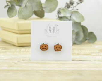 Pumpkin - Halloween - Laser Cut Stud Earrings - Wood earrings - wooden earrings - hand painted - Australian Made