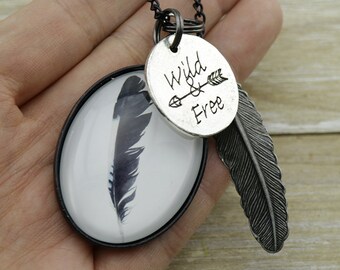 Large Oval Magpie Feather with wild and free and feather charms on a Black Chain Necklace - Australian Seller