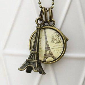 Eiffel Tower Glass pendant Eiffel tower and passport charms on a Bronze Necklace - Australian Seller - France souvenir - Paris Souvenir