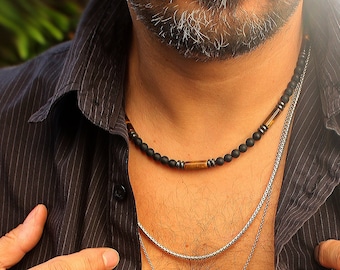 Mens Onyx and Tiger Eye Beaded Necklace - Boho Gemstone Jewelry