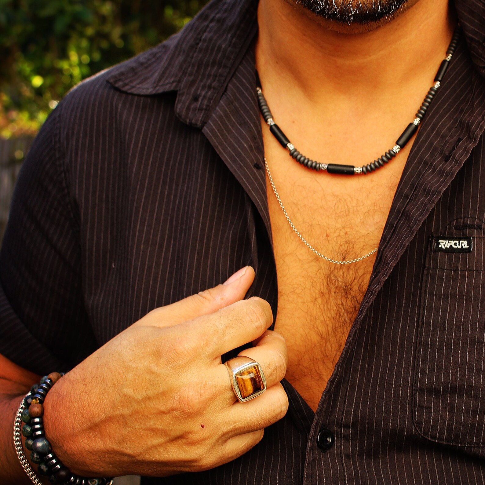 BEARJIA Men's Brown Zinc Puka Shell Necklace, 17 Inch, Adult, Beach, Surfer, Bohemian Style