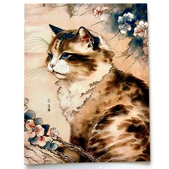 Vintage Style Cat Postcard: Japanese Painting Art (4