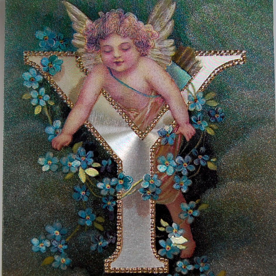 *Vintage ANGEL ALPHABET LETTER "Y" Floral FOIL POSTCARD Clapsaddle FORGET-ME-NOT *Vintage ANGEL ALPHABET LETTER "Y" Floral FOIL POSTCARD Clapsaddle FORGET-ME-NOT