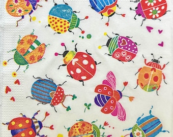 Colorful Beetle Napkins, Whimsical Insect Decoupage Paper, Set of 3