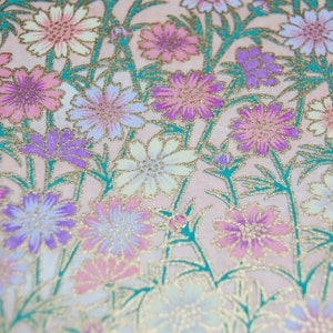 Two Sheets of Japanese Chiyogami Yuzen Paper - 5 x 4.25 inches - Purple Daisies with Gold Highlights on Peach -  Chiyogami Crafts