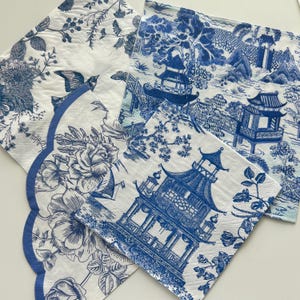 Blue & White Paper Napkins: Pagoda, Floral, Bird Designs for Decoupage