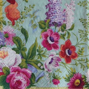 Pink Floral Paper Napkins: Teal Decoupage Napkins (Set of 3)