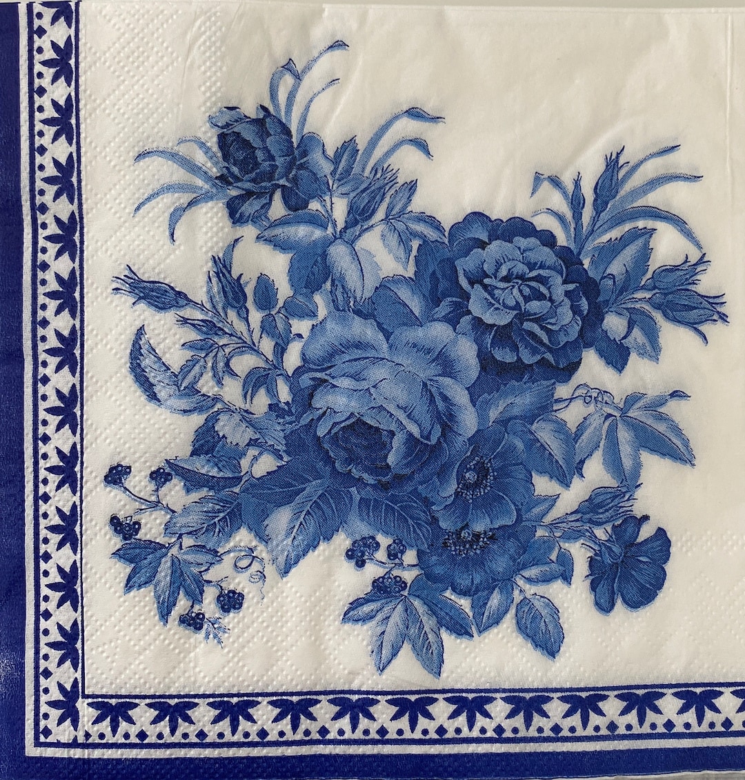 Blue and White Napkins, Napkins for Decoupage, Floral Paper, Decorative