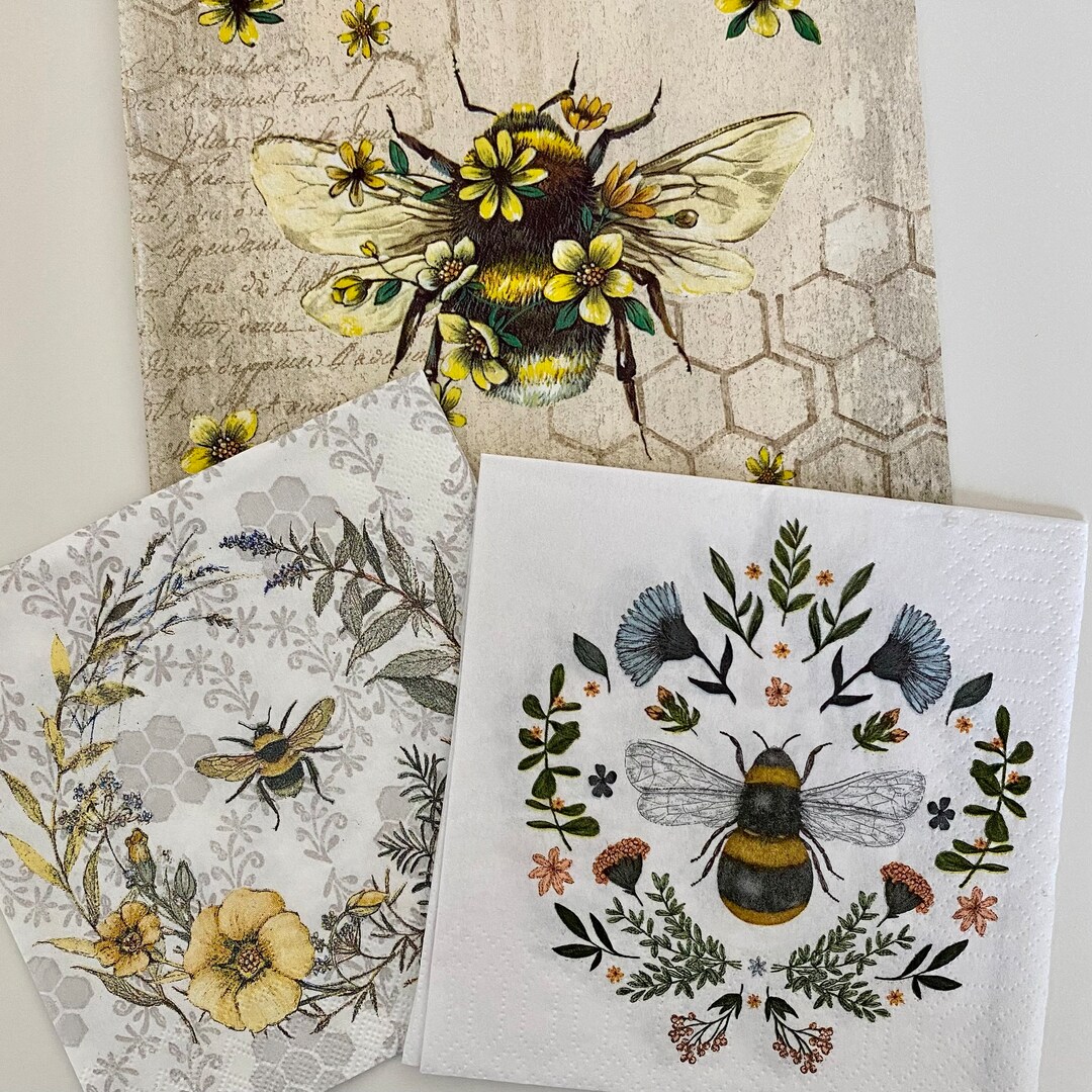 Bee Napkins Set, 3 Different Napkins, Honeybee Decoupage, Collage